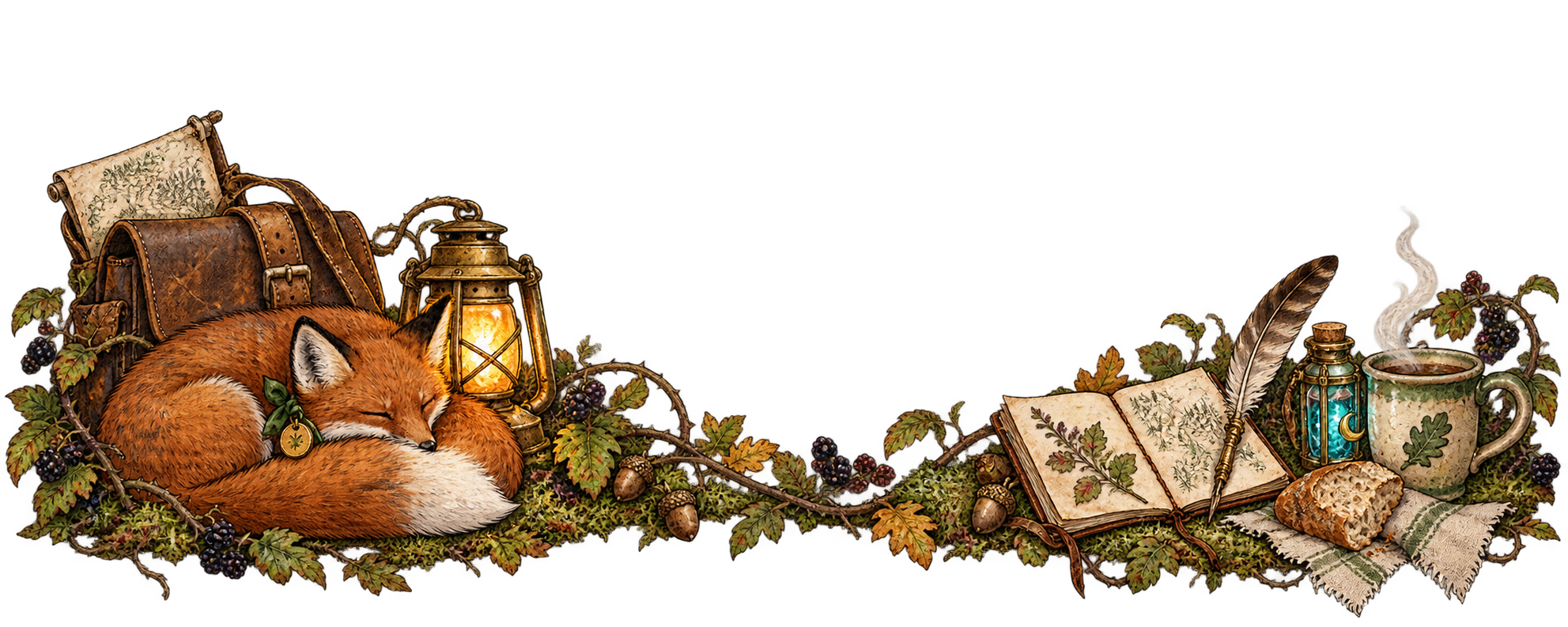 Pip the red fox, wearing his green ribbon and brass tag, sleeps beside a lantern and travel satchel. Briars curl past a notebook, aether vial, tea, and bread.